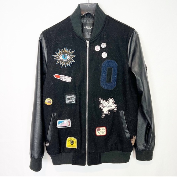 Obey black faux leather sleeves Embroidered Patch bomber jacket S - Picture 3 of 9